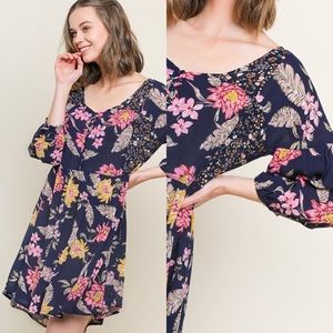 Umgee | Floral Print Long Puff Sleeve Scoop Neck Button Front Babydoll Dress New